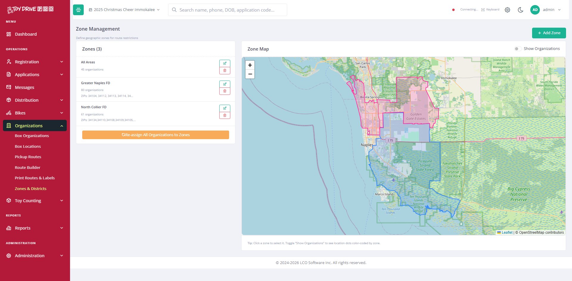 Toy Drive Pro zone management map showing collection box coverage areas